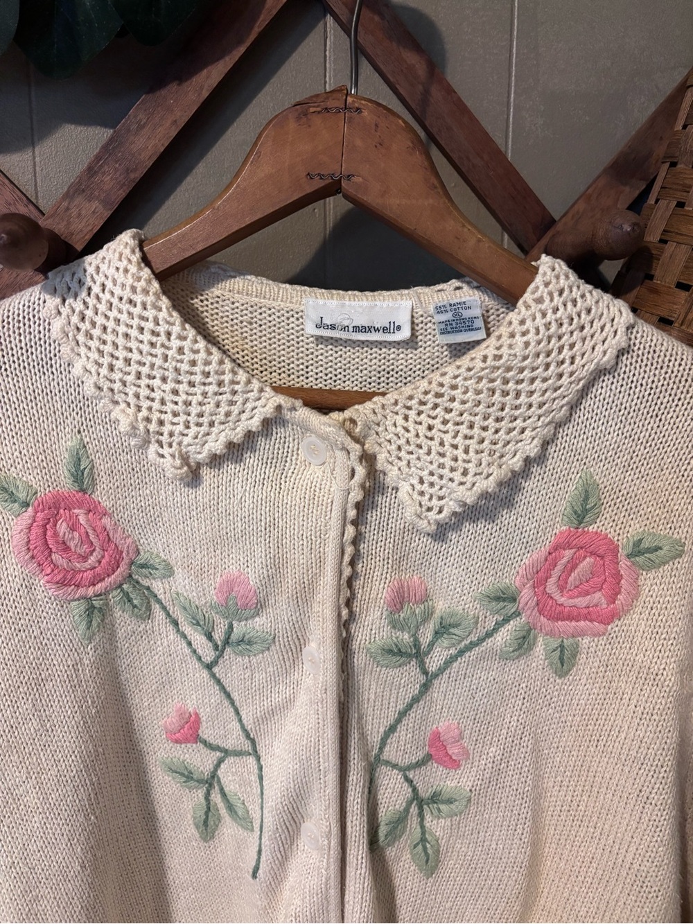 jason maxwell Cream Cardigan with Pink Rose Embroidery - Picture 3 of 6
